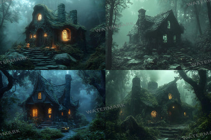 Witch Cottage Retreat Backdrops, Enchanted Forest Hideaways, Cozy Magical Cabins, Mystical Woodland Scenes, Digital Fantasy Backgrounds