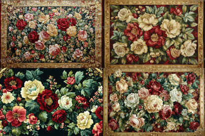 Baroque floral tapestry digital backdrops, ornate PNG overlays, vintage fabric photo backgrounds, classical photography composite scenes