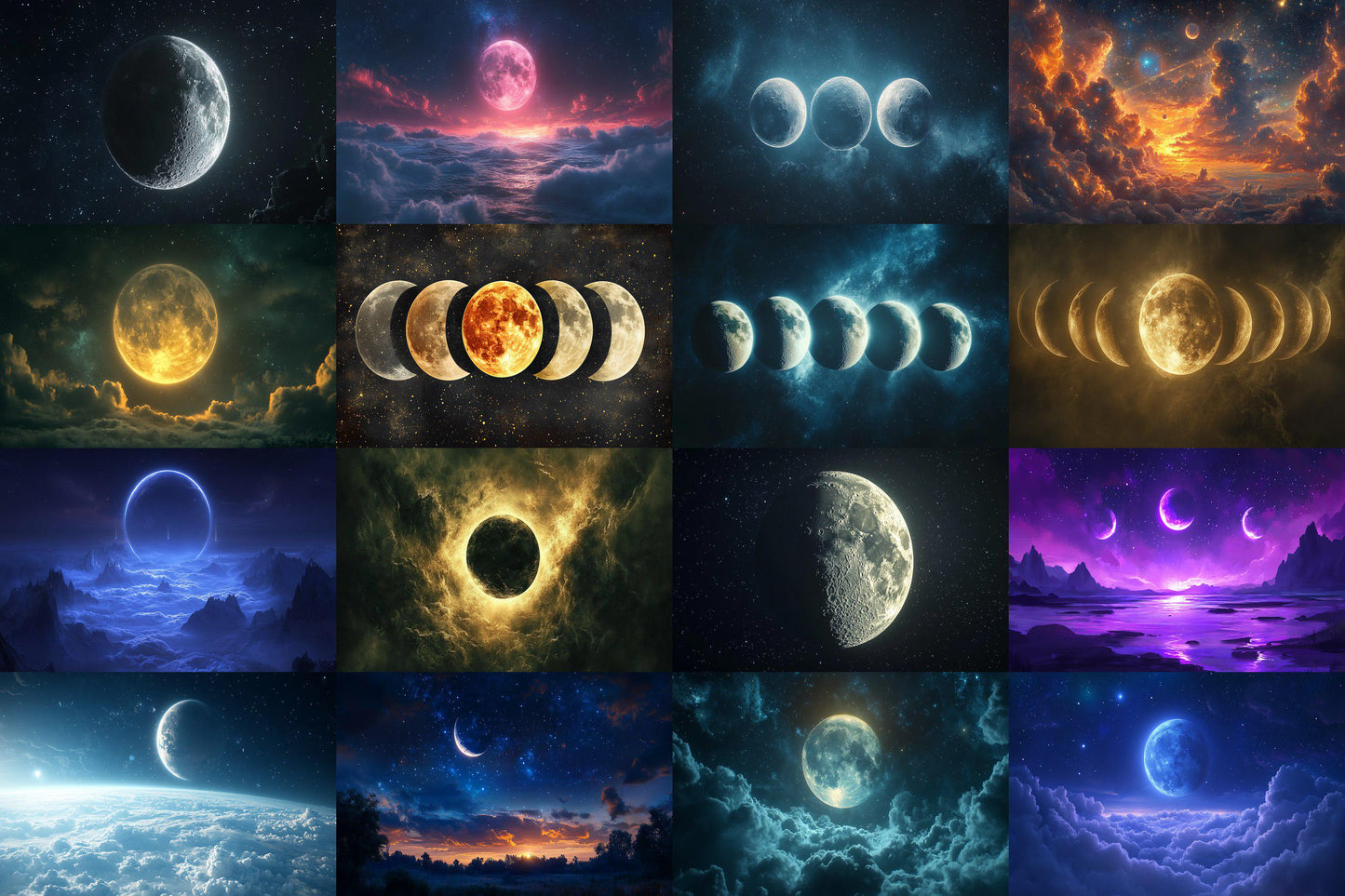 Celestial Moons digital backdrop, 16:9 ratio. Beautiful moons in a starry sky, perfect for TV wallpaper or streaming background