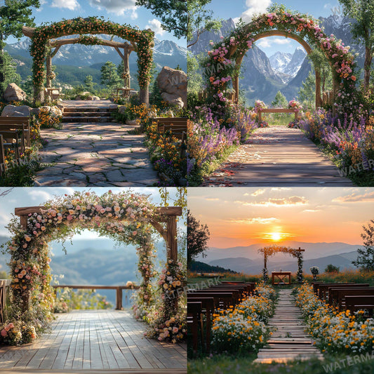 Mountain View Photography Backdrops Bundle, Rustic Arches, Scenic Landscapes, and Wedding Floral Aisles for Portraits and Wedding Background