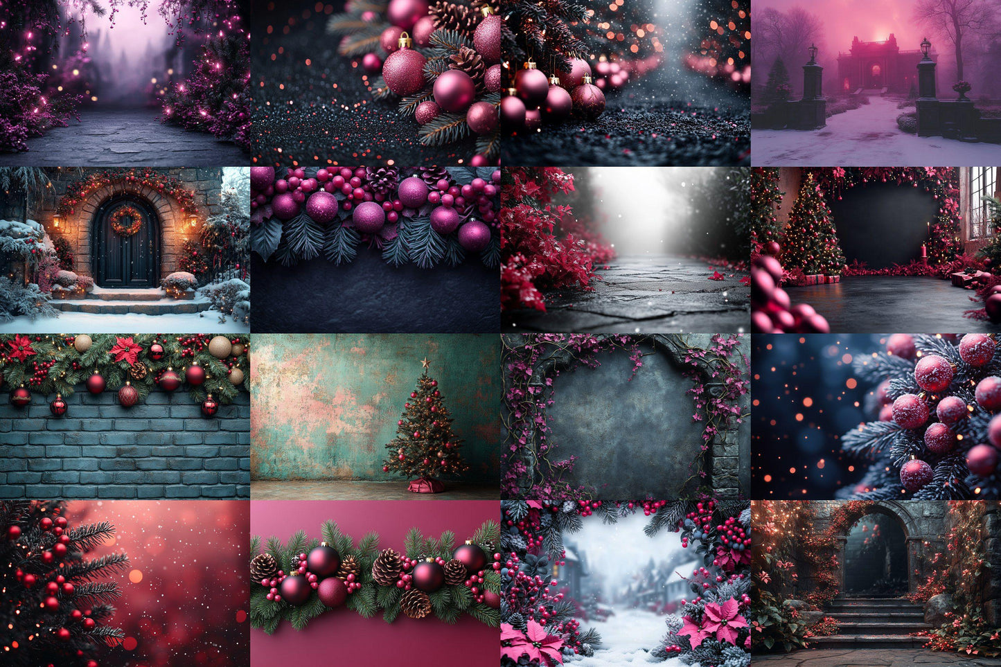 Black & Pink Gothic Christmas Digital Backdrops - Pink and Fuchsia Holiday Photoshop Overlays - Dark Fantasy Backgrounds for Photography