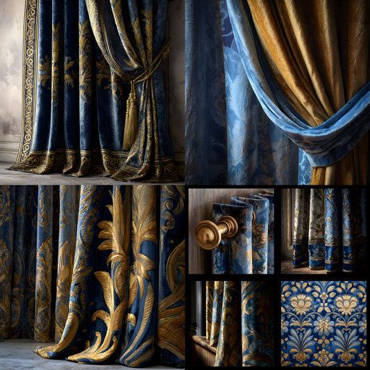 Blue Gold Velvet Curtain Digital Backdrop, Elegant Photography Background for Portraits, Photo Booth Prop, Luxurious Texture, Wedding Images