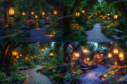 Hidden Lantern Garden Backdrop: PNGs for Enchanting Night Photography, Magical Forest Lantern Scenes, Serene Secret Garden Backdrop