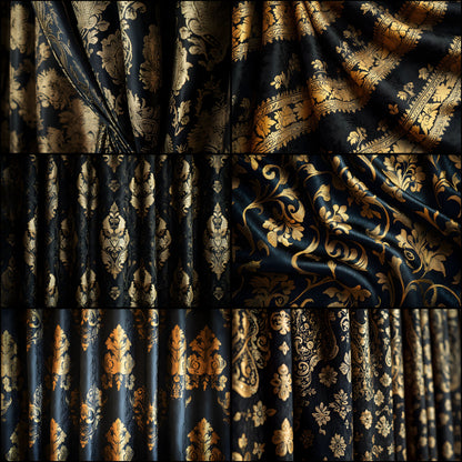 Black Gold Brocade Curtains Digital Backdrop, Elegant Photography Background, Luxury Portrait Photo Booth, Printable Fabric Texture, Ratios
