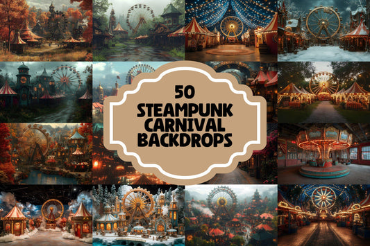 Steampunk Carnival Backdrops | Vintage Circus | Mechanical Fairground | Retro Fantasy | Digital Backgrounds