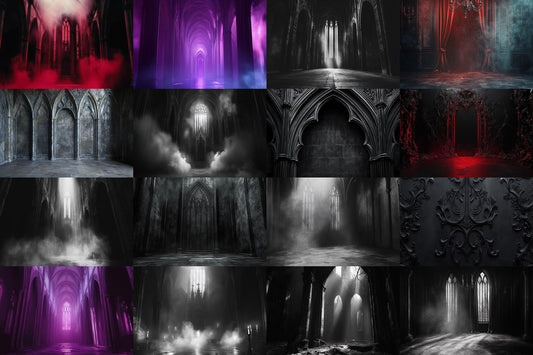 Gothic digital backdrop, 16:9 ratio. Dark, eerie architecture with a haunting atmosphere, perfect for TV wallpaper or streaming backgrounds