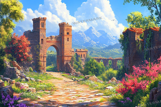 Ancient Ruins digital backdrop, 16:9 ratio. Overgrown ruins with sunlight, streaming and photography backdrops.