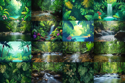 Tropical Forest streaming background, 16:9 ratio. Lush nature scenery with vibrant greenery and waterfalls, photography backdrop.