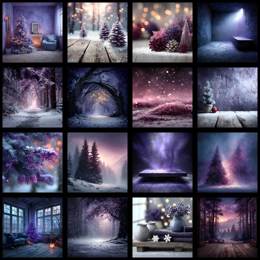 Purple Christmas Backdrop, Snowy Indoor Scene Photography Background, Holiday Photo Booth Prop, Square Format Digital Download, Winter Wonderland