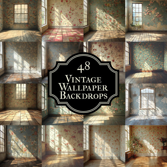 Vintage Wallpaper Backdrops | Shabby Chic Floral Backgrounds for Photography, Photoshop Composite, Master Overlay, Interior Decor Scenes