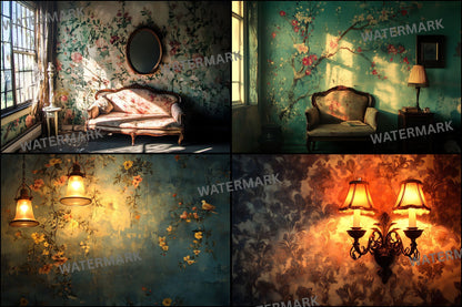 Vintage Wallpaper Room Digital Backdrop, Photography Backgrounds, Antique Interior Photo Prop, High-Res Image for Photographers