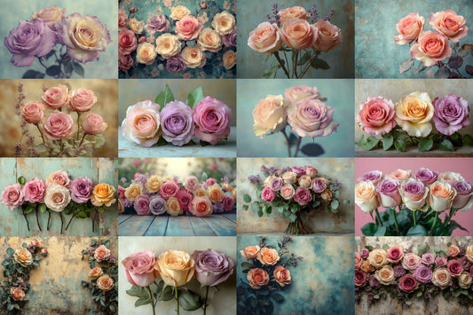 Vintage Rose Bouquet Digital Backgrounds ��������� Romantic Floral Photoshop Overlays for Timeless Photography & Artistic Photo Editing