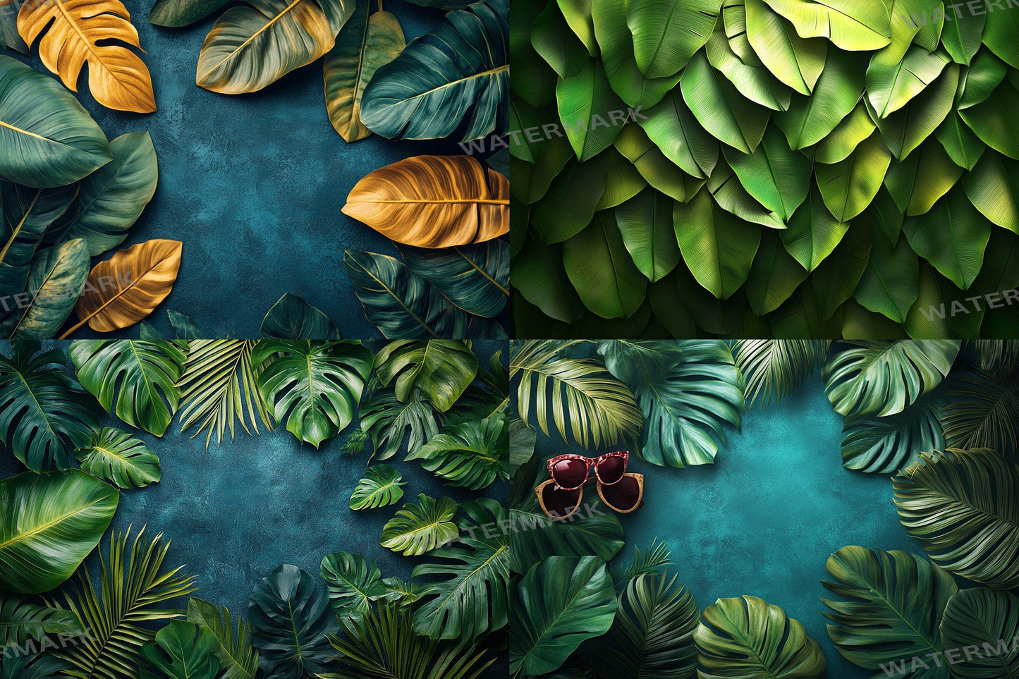 Tropical banana leaves digital backdrops, jungle PNG overlays for photography, botanical background scenes, lush greenery composites