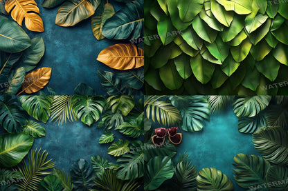 Tropical banana leaves digital backdrops, jungle PNG overlays for photography, botanical background scenes, lush greenery composites