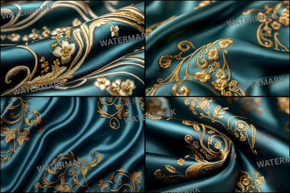 Teal Gold Embroidered Satin Digital Backdrop, Luxury Photo Background, Elegant Portrait Photography, Wedding, Newborn, Images
