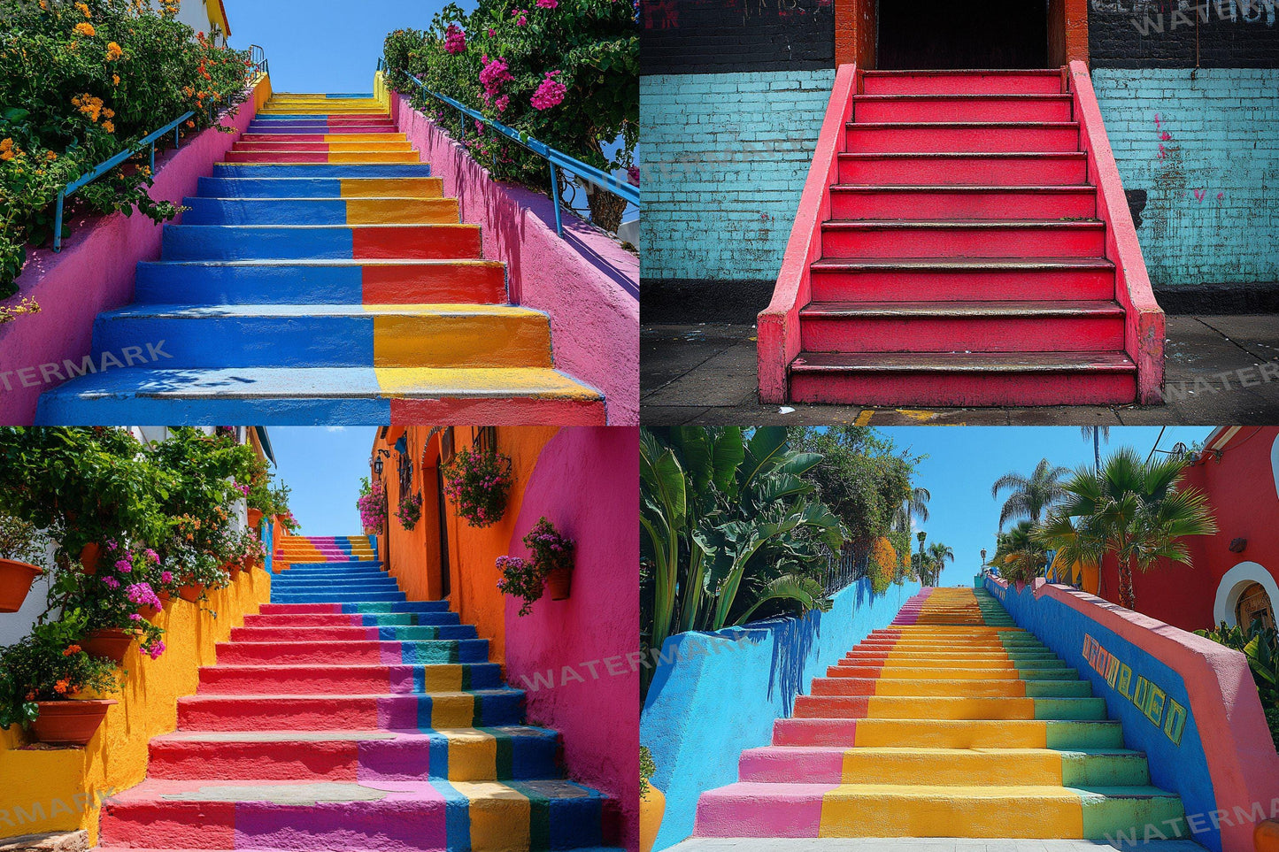 Colorful Urban Stairs Digital Backdrops for Photography & Photoshop Composites | Vibrant Steps Digital Backgrounds and Overlay Scenes