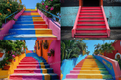 Colorful Urban Stairs Digital Backdrops for Photography & Photoshop Composites | Vibrant Steps Digital Backgrounds and Overlay Scenes