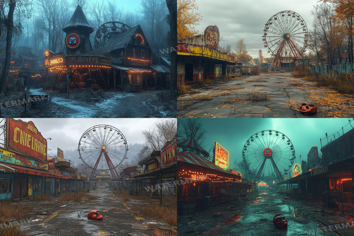 Eerie Abandoned Carnival Backdrop: 4PNGs for Unique Commercial Photography, Spooky Themed, Dark Artistic Digital Backdrops