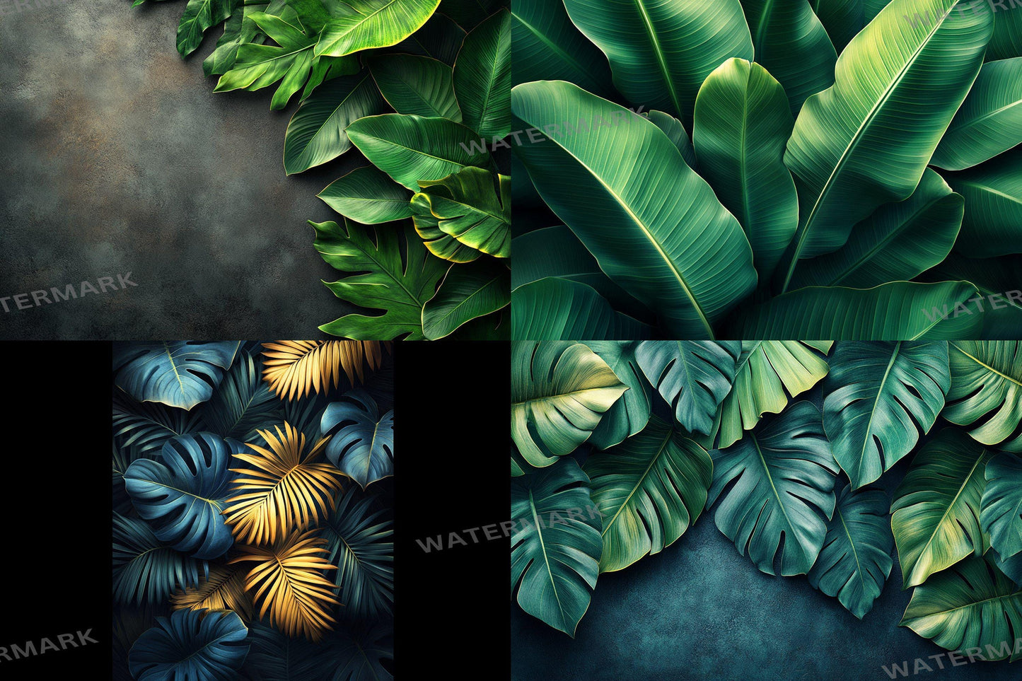 Tropical banana leaves digital backdrops, jungle PNG overlays for photography, botanical background scenes, lush greenery composites