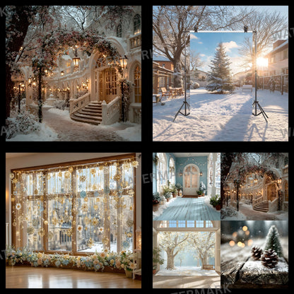 White Gold Christmas Backdrop, Snowy Outdoor Scene, Holiday Photography Background, Winter Wonderland Digital Photo Prop, Image