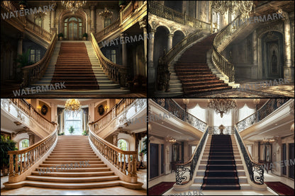 Grand Staircase Digital Backdrop, Interior Photography Background, Elegant Chateau Stairwell, Fantasy Castle Photo, Historic Hallway