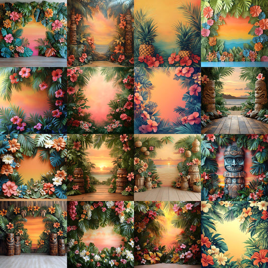 Tropical Luau Backdrops - Vibrant Beach & Palm Tree Digital Backgrounds for Summer Photography - Tropical, Hawaii, Studio Backgrounds