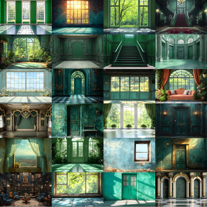 Royal Green Interior Digital Backdrop Collection, Photography Backgrounds, Elegant Home Photo Overlays, High-Resolution Images for Composites