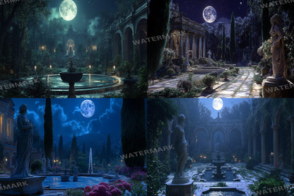 Moonlit Palace digital backdrop, 16:9 ratio. Majestic palace under the glow of the moon, perfect for streaming backgrounds or TV wallpaper