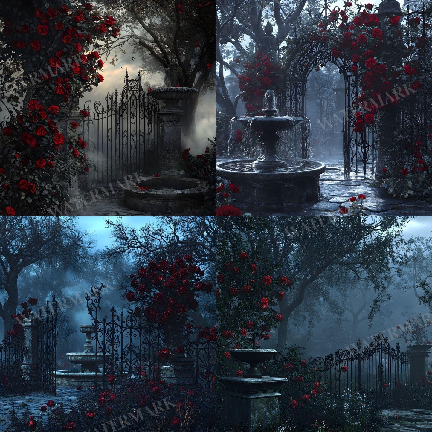 Gothic Rose Floral Digital Backdrop - Photography, Crafts, Storytelling - Gothic Background - Red Gothic Roses in Abandoned Gothic Courtyard