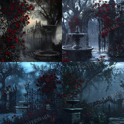 Gothic Rose Floral Digital Backdrop - Photography, Crafts, Storytelling - Gothic Background - Red Gothic Roses in Abandoned Gothic Courtyard