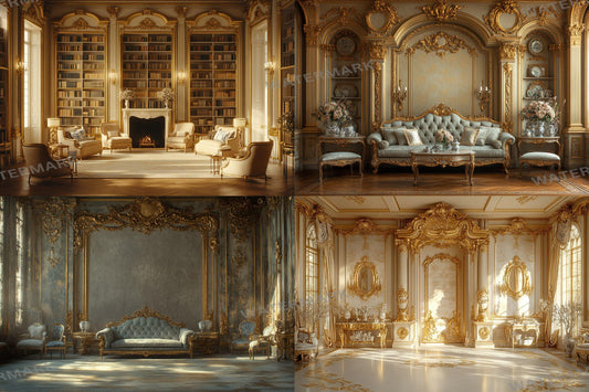 Golden Louis Backdrops | Baroque Palace | Gilded Elegance | Luxury Interiors | Ornate Gold Rooms | Digital Backgrounds