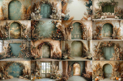 Boho Olive Arch Photography Backdrops for Digital Artists  Photographers - Warm Inviting Aesthetic - Commercial Use Allowed