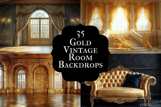 Gold Vintage Room Digital Backdrops for Regal Palace Photography | Baroque Luxury Mansion Photoshop Composites & Overlay - Backgrounds