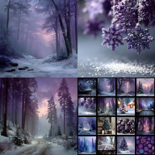 Purple Christmas Backdrop, Snowy Indoor Scene, Square Digital Background for Holiday Photography, Festive Photo Booth Prop, Winter Wonderland Design