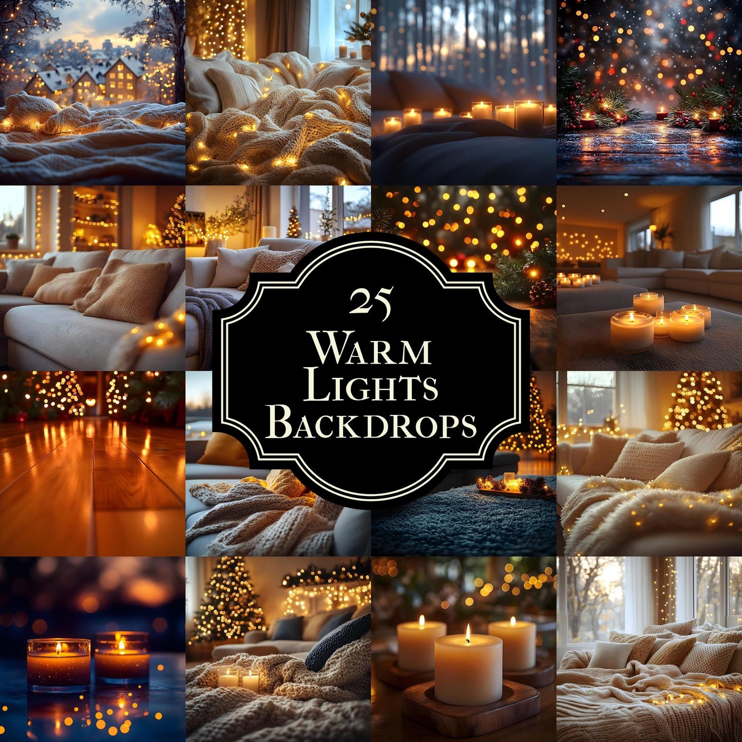 Warm Lights Digital Backdrops - Cozy Christmas Photo Backdrops - Photography, Newborn, Maternity & Family Portraits - Festive Wallpapers