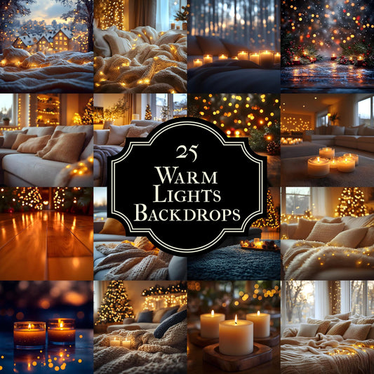 Warm Lights Digital Backdrops - Cozy Christmas Photo Backdrops - Photography, Newborn, Maternity & Family Portraits - Festive Wallpapers