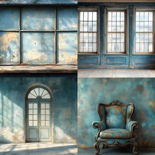 Blue Vintage Room Digital Backdrop, Antique Interior Photography Background for Portrait Photoshoot, Scene Setter, Elegant Home Decor Prop