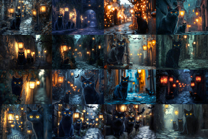 Black Cat Alley Backdrops, Night Urban Moody City Digital Background - Feline, Mysterious Dark Street Scene, Witchcraft - Witch's Cat