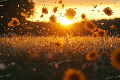 Sunset Sunflowers Backdrops - Golden Hour Field Digital Backgrounds, Rustic Floral Photography Backdrop, Summer Aesthetic