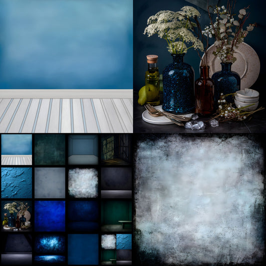 Blue Textured Photography Backdrop, Vignette Wall Digital Background for Portrait Photoshoots, Square Format Fine Art Texture for Photographers