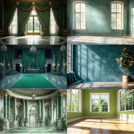 Royal Green Interior Digital Backdrop Set, Elegant Home Photography Backgrounds, for Stunning Visuals, High-Quality Images for Creative Projects