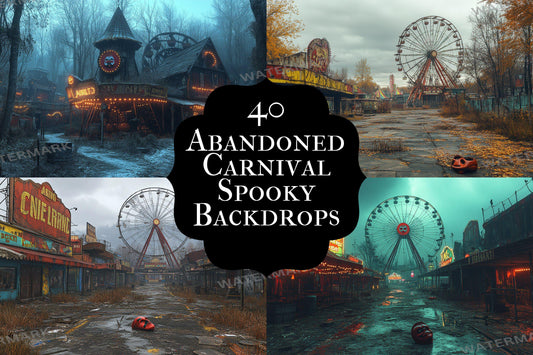 Eerie Abandoned Carnival Backdrop: 4PNGs for Unique Commercial Photography, Spooky Themed, Dark Artistic Digital Backdrops