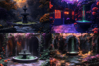 Witch's Eerie Garden Digital Backdrops - Spooky Enchanted Forest & Mystical Night Scenes for Halloween