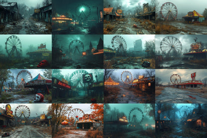 Eerie Abandoned Carnival Backdrop: 4PNGs for Unique Commercial Photography, Spooky Themed, Dark Artistic Digital Backdrops