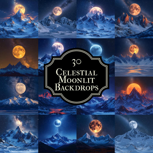 Celestial Moonlit Photography Backdrops - Lunar Landscapes, Starry Peaks, Radiant Moons, Twilight Skies, Nightfall Mountain Backgrounds