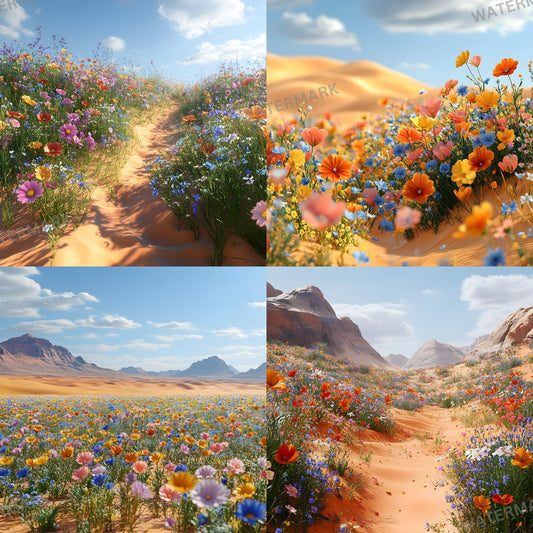 two pictures of a desert with flowers in the foreground