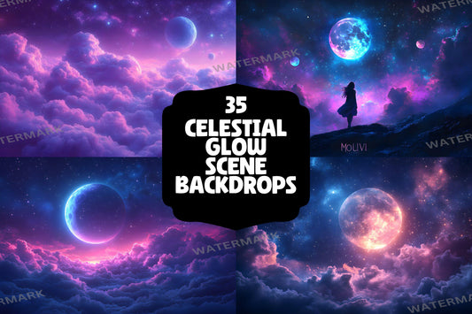 Celestial Glow Scene Backdrops, Fantasy Moon Sky Digital Background, Magical Purple Space Nebula Photo Booth Prop, Dreamy Sci Fi Assets