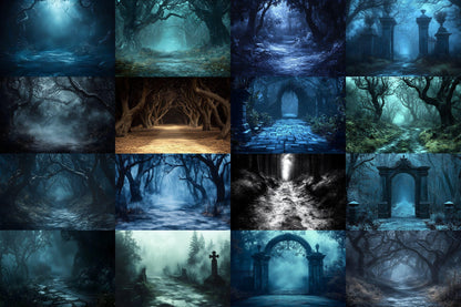 Spooky Forest Backdrops, Haunted Forest Backgrounds, Halloween Digital Scenes for Photoshop, Eerie Photography Overlays