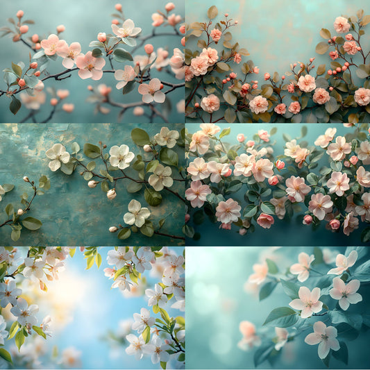 Spring Floral Photography Backdrop, Blossoms Leaves Digital Background, Photo Booth Prop, Springtime Scene, Nature Photo Overlays