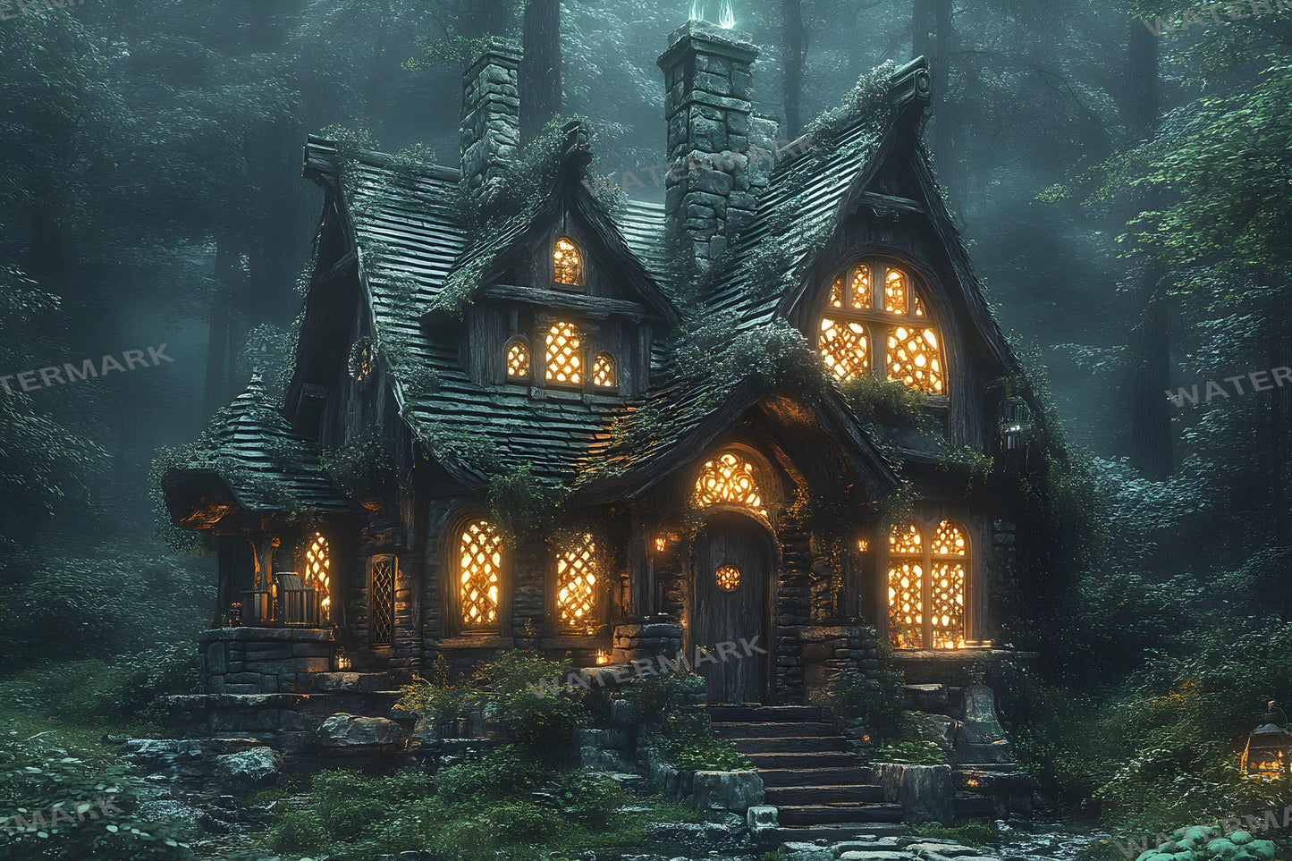 Witch Cottage Retreat Backdrops, Enchanted Forest Hideaways, Cozy Magical Cabins, Mystical Woodland Scenes, Digital Fantasy Backgrounds